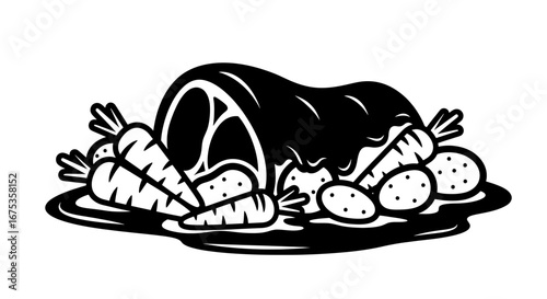 Elegant Black and White Dinner Illustration Featuring Roasted Meat and Vegetables on Plate