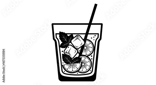 Elegant black and white illustration of refreshing mojito cocktail with fruits and mint