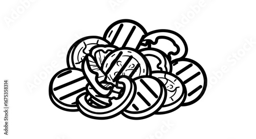 Monochrome stylized illustration of grilled halloumi cheese slices and tomato