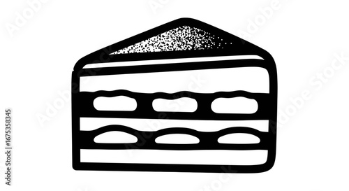 Simple black and white cake slice illustration with layers and topping design