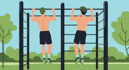 Two Athletic Men Doing Pull-Ups in an Outdoor Gym