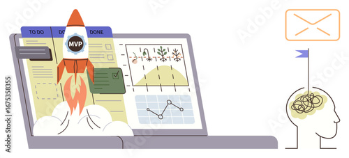 Rocket launch over project management board on laptop with analytics graphs, task status, and brainstorming. Ideal for innovation, productivity, teamwork, planning, startup strategy, brainstorming