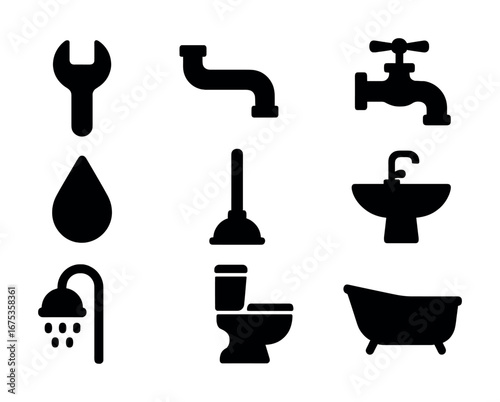Silhouette icons of plumbing tools and fixtures including wrench, faucet, and bathtub
