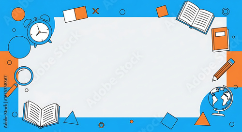Education themed frame with study tools and abstract shapes for back to school