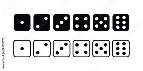 A set of modern, minimalist dice icons for numbers 1 through 6. Available in solid and outline styles. Perfect for gaming apps, websites, and print materials.