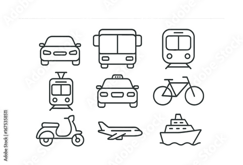 Outline icons of various transportation modes including car, bus, train, bicycle, airplane, ship