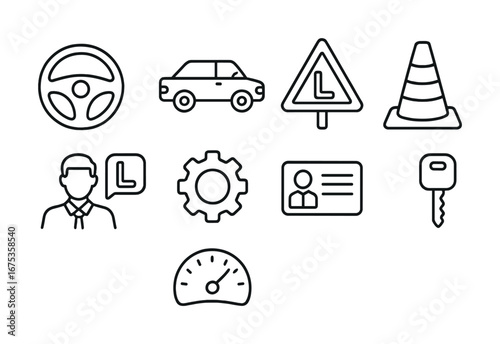 Driving symbols: steering wheel, car, traffic signs, gear, license, speedometer, key, cone
