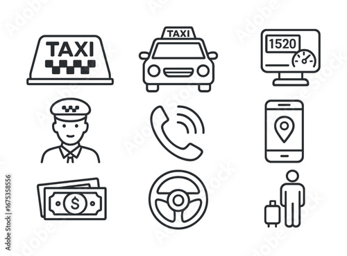 Taxi service icons set: cab, driver, gps, payment, communication