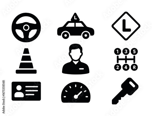 Driving school icons: steering wheel, traffic cone, instructor, gearshift, speedometer, license, key