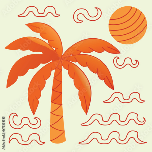 Vibrant Orange Palm Tree Sun and Waves Illustration