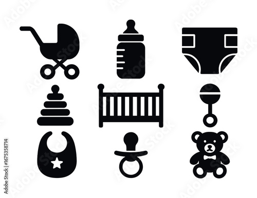 Baby essentials icons: stroller, bottle, diaper, crib, toy, bib, pacifier, teether, teddy bear