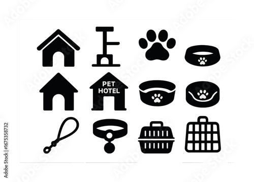 Pet care icons: pet hotel, dog houses, cat trees, paw prints, collars, carriers