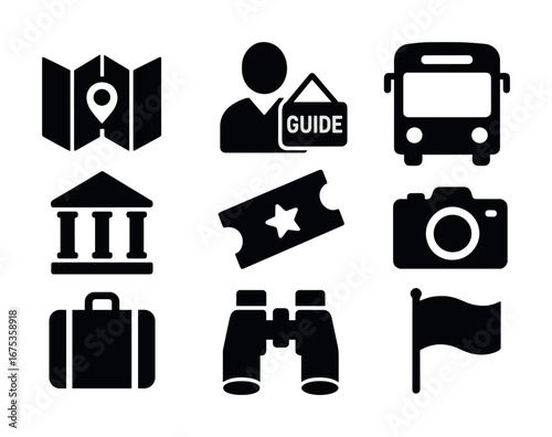 Travel icons collection: map, guide, bus, museum, ticket, camera, luggage, binoculars, flag