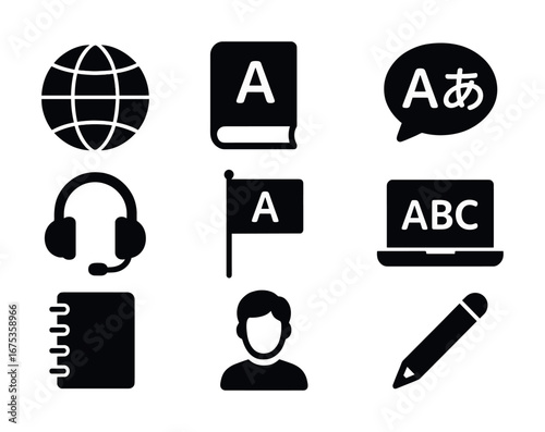 Language learning icons: globe, books, headset, notebook, flag, laptop, person, pencil
