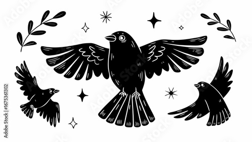 Three black birds soar with wings spread, surrounded by stars and delicate branches, evoking freedom and nature.