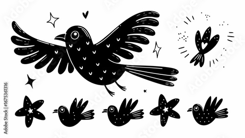 Whimsical black bird collection with stars and hearts adds charming folk art flair to designs