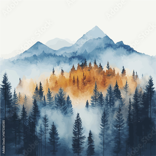 Foggy Forest Autumn Scene, watercolor vector, isolated on a white background.