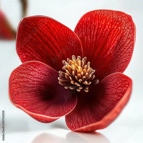 Close-up of a vibrant red flower with textured petals and a detailed yellow stamen against a soft blurred background conveying natural beauty and delicacy