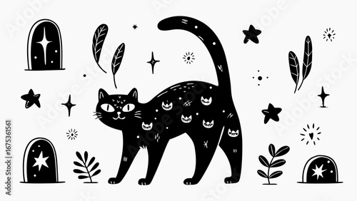 Whimsical black cat surrounded by celestial stars and mystical botanical elements