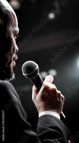 Man giving a political speech or public address at a conference or election campaign event footage.