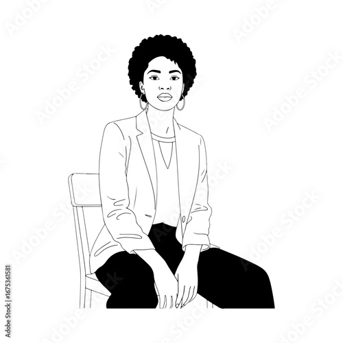 A confident woman sitting in a chair, looking forward. A minimalist line art portrait of a modern, professional person. Great for business or personal branding.