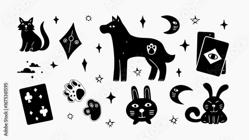 Whimsical black and white magical creatures and symbols create a charming, playful scene