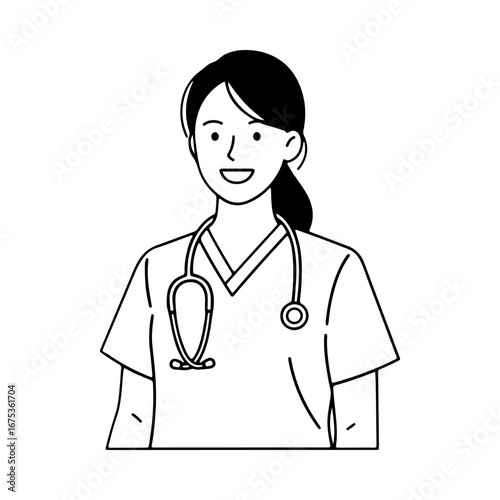 A friendly female doctor or nurse smiling, with a stethoscope around her neck. Simple black and white line art illustration for healthcare and medical concepts.