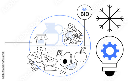 Healthy fruits, vegetables, jar, and jug within a circle, accompanied by bio label, snowflake, and lightbulb gear. Ideal for sustainability, health organic farming innovation eco awareness
