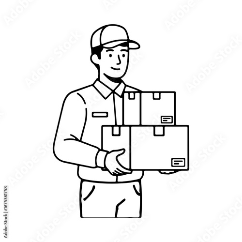 A delivery man in uniform and cap holding cardboard boxes. Courier service, shipping, and logistics concept. Postal worker delivering packages. Line drawing.