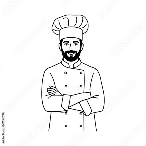 A confident male chef with a beard and uniform, standing with arms crossed. Culinary professional, restaurant cook, or kitchen staff. Line drawing illustration.