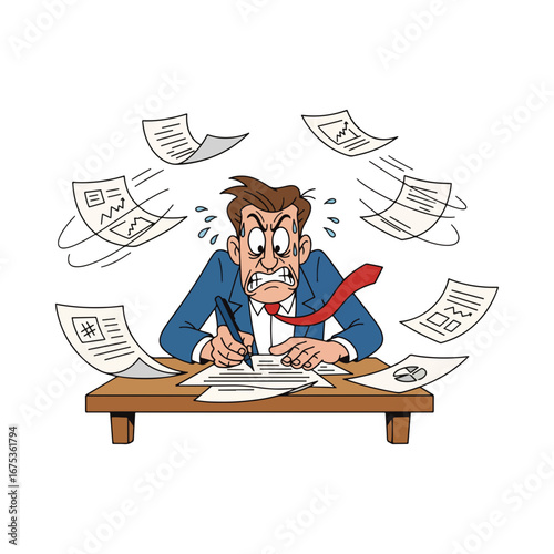 Overwhelmed businessman stressed with a lot of paperwork at his desk. Deadline pressure, burnout, and office work overload concept. Man feeling tired.