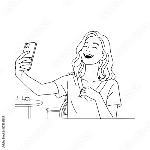 A happy young woman taking a selfie with her smartphone at a cafe. Line art illustration of a girl enjoying her time. Social media and lifestyle concept drawing.