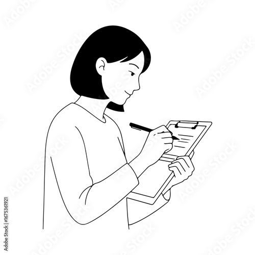 A woman focused on writing notes on a clipboard. A simple black and white line art illustration representing planning, note taking, inspection, or study.