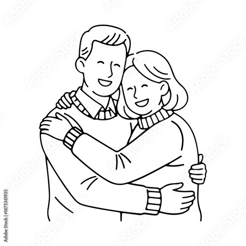 A loving senior couple hugging and smiling. Happy elderly man and woman embracing. Line art illustration of lifelong love, family, and togetherness.