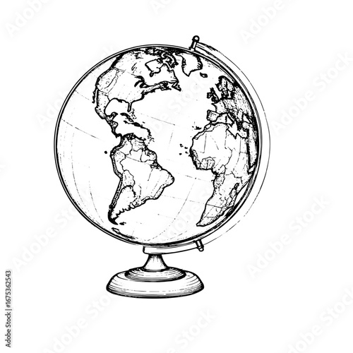 School globe, black and white sketch. Vector illustration. Educational supplies for a geography lesson, isolated on a white background.
