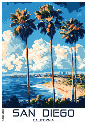 Vibrant vector illustration of San Diego beach scene