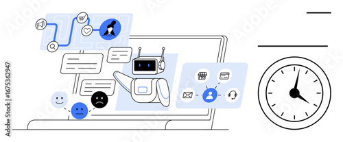 Robot assistant processes messages, feedback reactions, and tasks against a laptop backdrop, complemented by a clock. Ideal for automation, customer service, productivity, time management, feedback