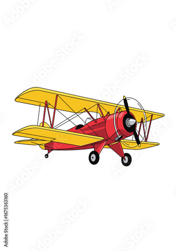 A vintage red and yellow biplane aircraft in flight showing its propeller and wings