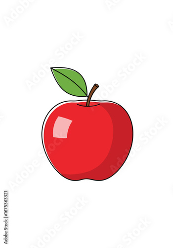 Ripe red apple with green leaf and stem healthy organic fruit isolated on white background