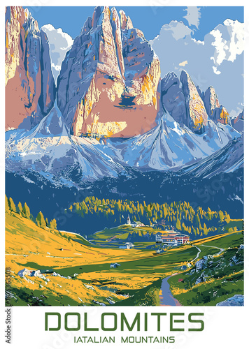 Colorful vector art of the sunlit Dolomites mountain range in Italy