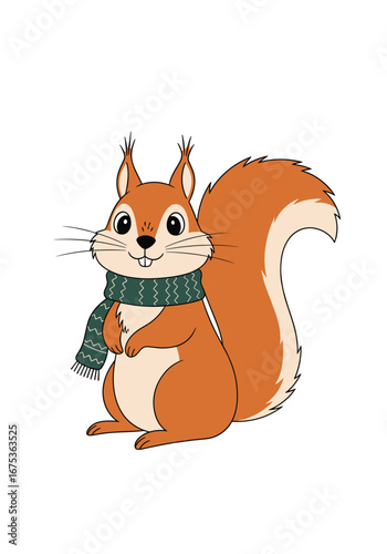 Cute adorable squirrel wearing a green scarf standing on hind legs holding a nut for a winter forest scene
