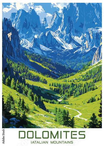 Scenic vector illustration of the Dolomites mountain range, Italy