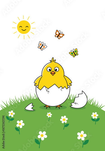 Cute baby chick hatching from egg surrounded by butterflies and daisies on a sunny spring day