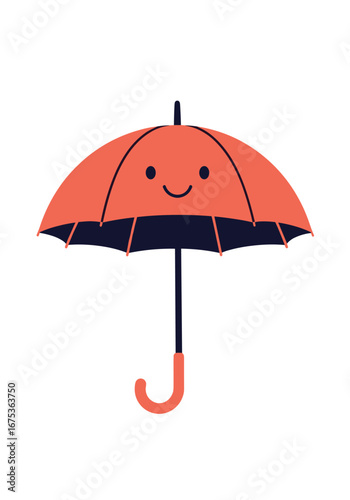 Friendly coral umbrella with happy face and dark navy interior and handle perfect for rainy day protection and outdoor adventures
