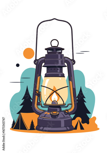 Vintage hurricane lantern illuminates a rustic campsite scene with pine trees and a tent under a warm evening sky