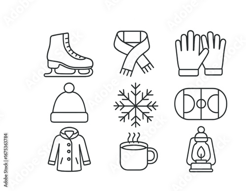 Winter icons: ice skate, scarf, gloves, hat, snowflake, rink, coat, cup, lantern