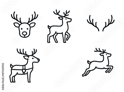 Set of five minimalist reindeer illustrations with antlers in various poses