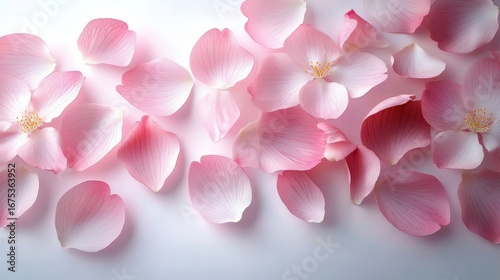 Delicate soft pink flower petals scattered on a smooth white surface evoking a sense of calm and natural beauty