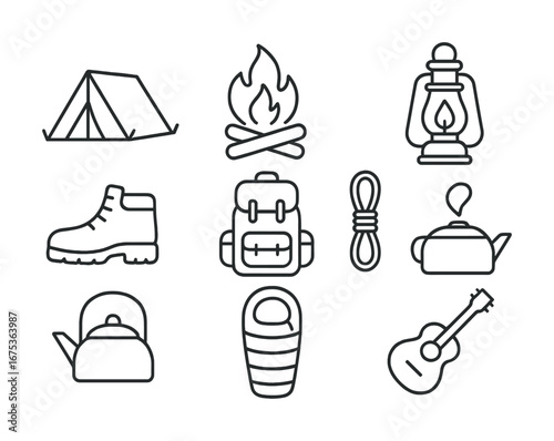 Camping essentials: tent, campfire, lantern, boots, backpack, rope, kettle, sleeping bag, guitar