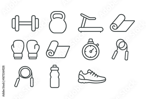 Fitness icons: dumbbell, kettlebell, treadmill, yoga mat, boxing gloves, stopwatch, jump rope, water bottle, shoe
